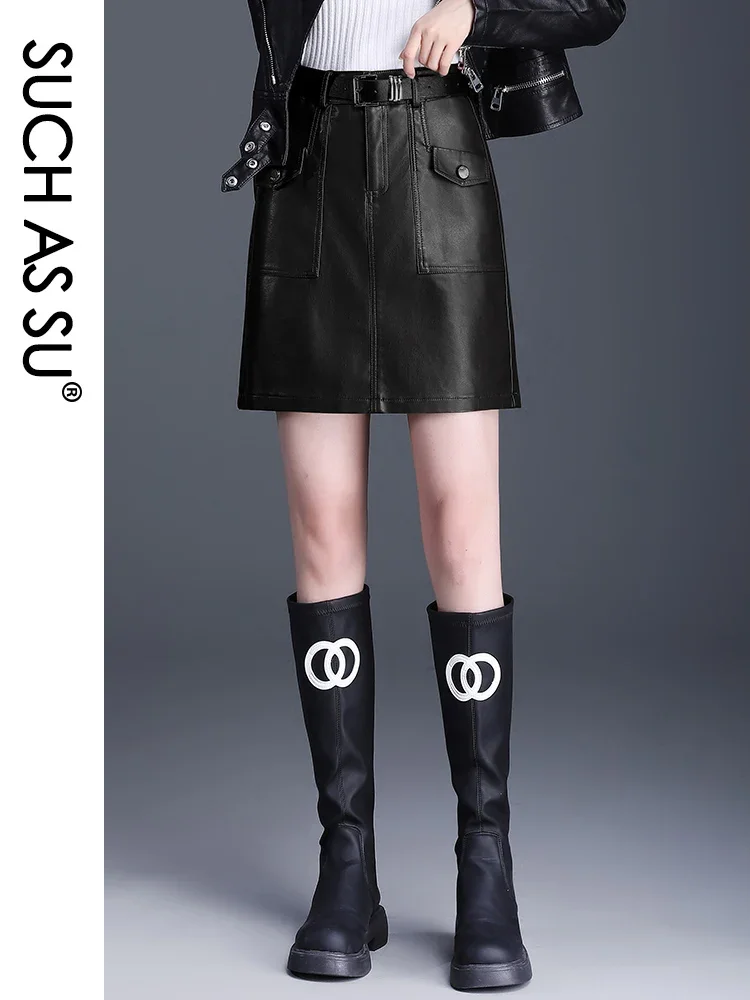 Fall Winter Leather Coffee Skirt 2023 New Fashion Black High Waist Pocket PU Pockets A Line Skirts S-3XL Size Black Mini Skirt