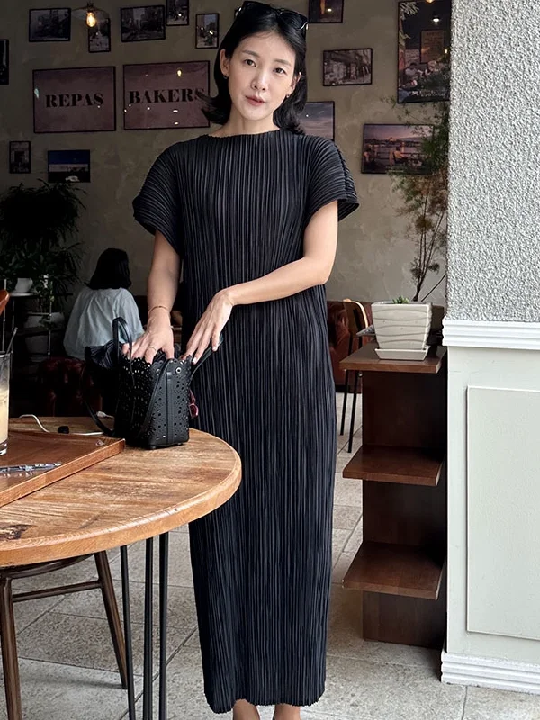Minimalist Fashion Pleated Design Loose Straight Slimming Short Sleeve Dress Two Piece Set Women's Korean Style Spring Autumn...