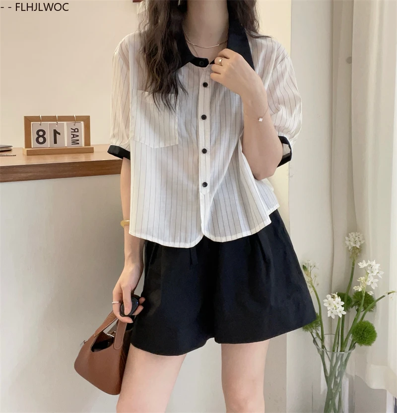 Милые розовые топы, блузки, милые японские повседневные свободные летние рубашки в полоску для девочек в консервативном стиле с короткими рукавами