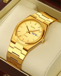 Luxury Men Watch Full Gold Stainless Steel Band Reloj with Calendar Date Week Male Quartz Wristwatch Classic Business Man Clock