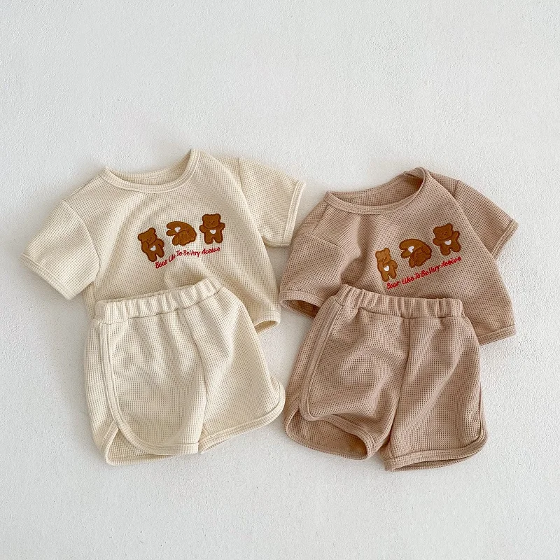 

Newborn Baby Clothing Set 0-3Years Infant Boy Girl Short Sleeve Bear T-shirt +Elastic Waist Shorts 2PCS Waffle Pattern Outfits