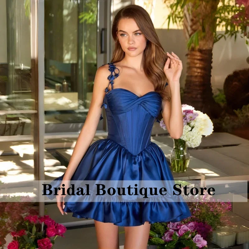 

Royal Blue Tie Spaghetti Strap Satin Corset Mini Homecoming Dress Ruffle Hem A Line Cocktail Gown Grad Prom Birthday Dress