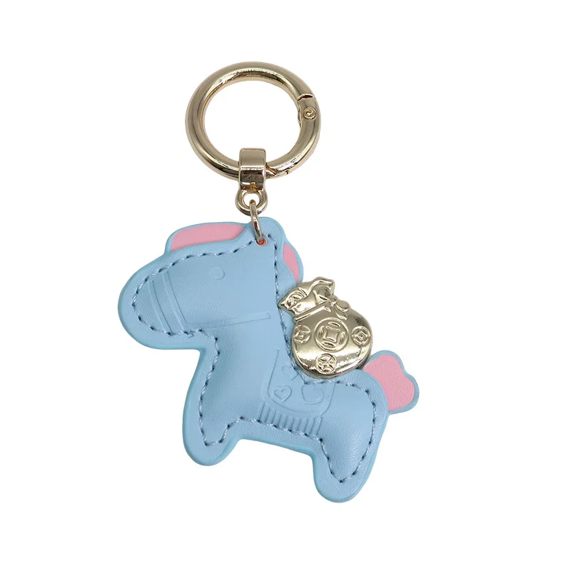 New Creative Handmade Leather Pink Instant Money Pony Car Keychain Cartoon Rocking Horse Bag Pendant Cut Keychain