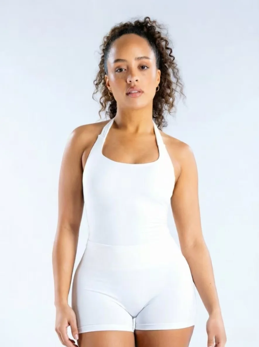 Workout Yoga 2-Teiliges Damen 3-Lagiges Neckholder Sportoutfit, Hochelastisches Nahtloses Gepolstertes Cami-Tanktop & Passende Shorts Set – Detail 9