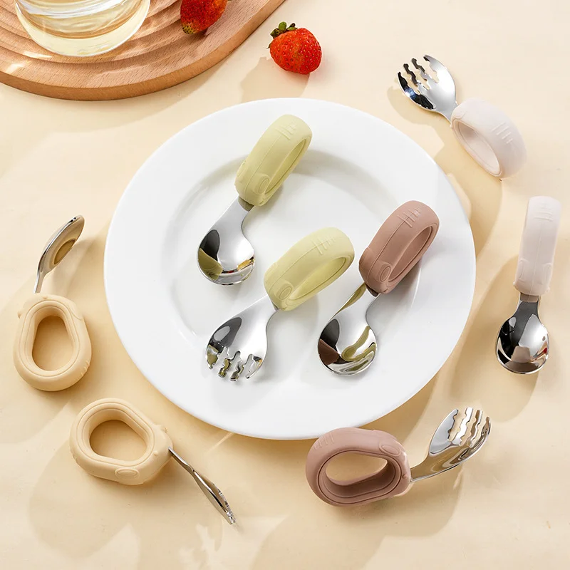 

3PCS 304 stainless steel children's training fork and spoon, feeding spoon, baby tableware, send storage box