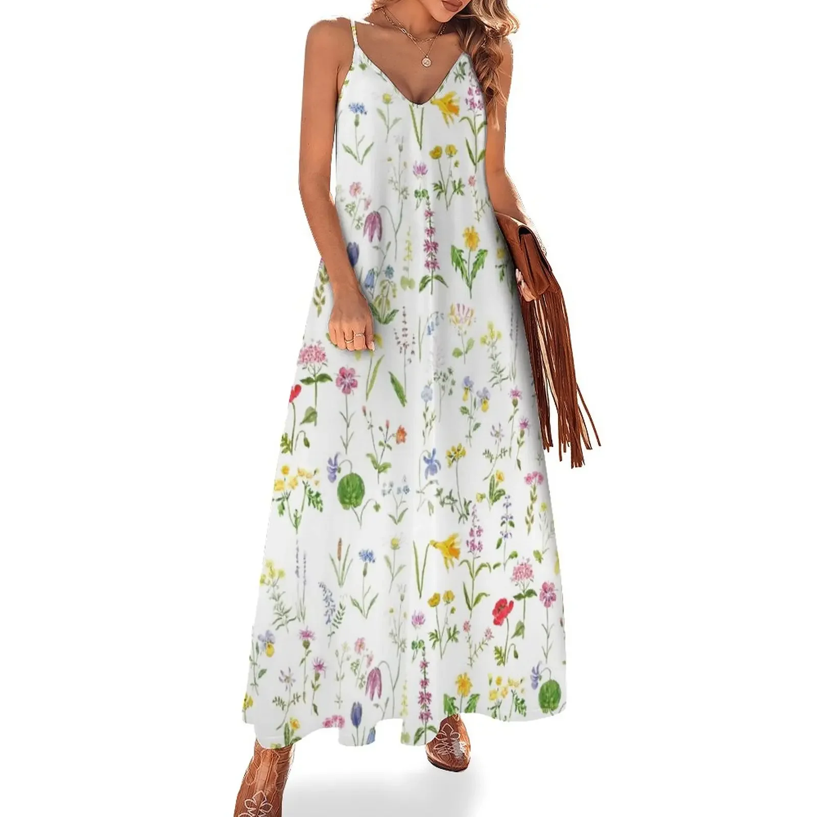 

botanical colorful countryside wildflowers watercolor painting Sleeveless Dress Dress women