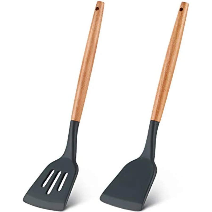 

2 Pieces Silicone Slotted Turner Set Silicone Turner Spatula with Wood Handle Heat Resistant Kitchen Spatula Non-stick Kitchen