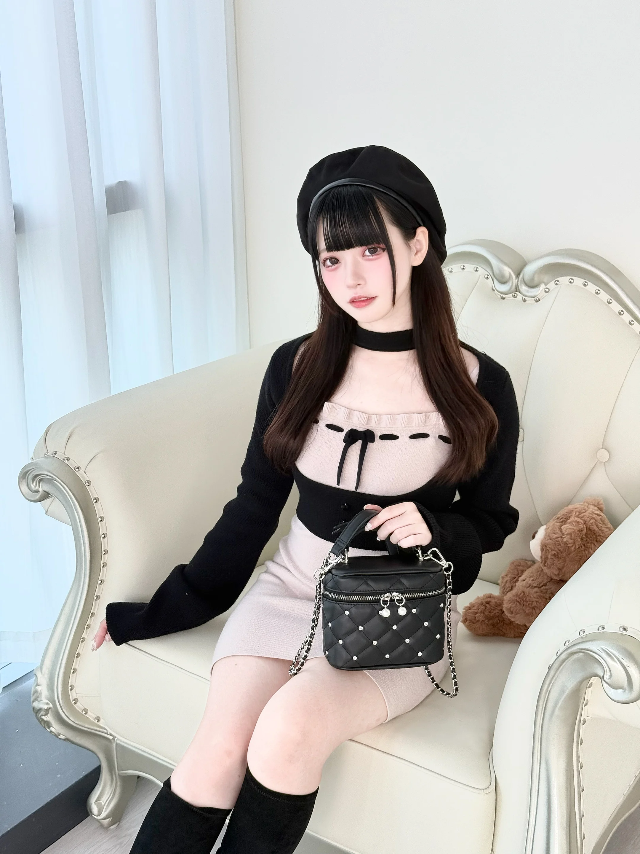 Japanese Mass-Produced Mine Knitted Top and Dress 2-Piece Set Spring and Autumn New Women's Sweet Bow Slim Fit Knit Dress Set