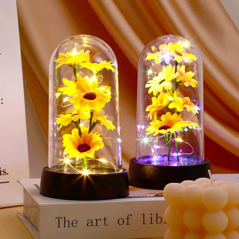 Artificial Eternal Sunflower LED Light Night Light Beauty In Glass Gold Foil Flower Valentine's Day Gift Enchanted Fairy Lights