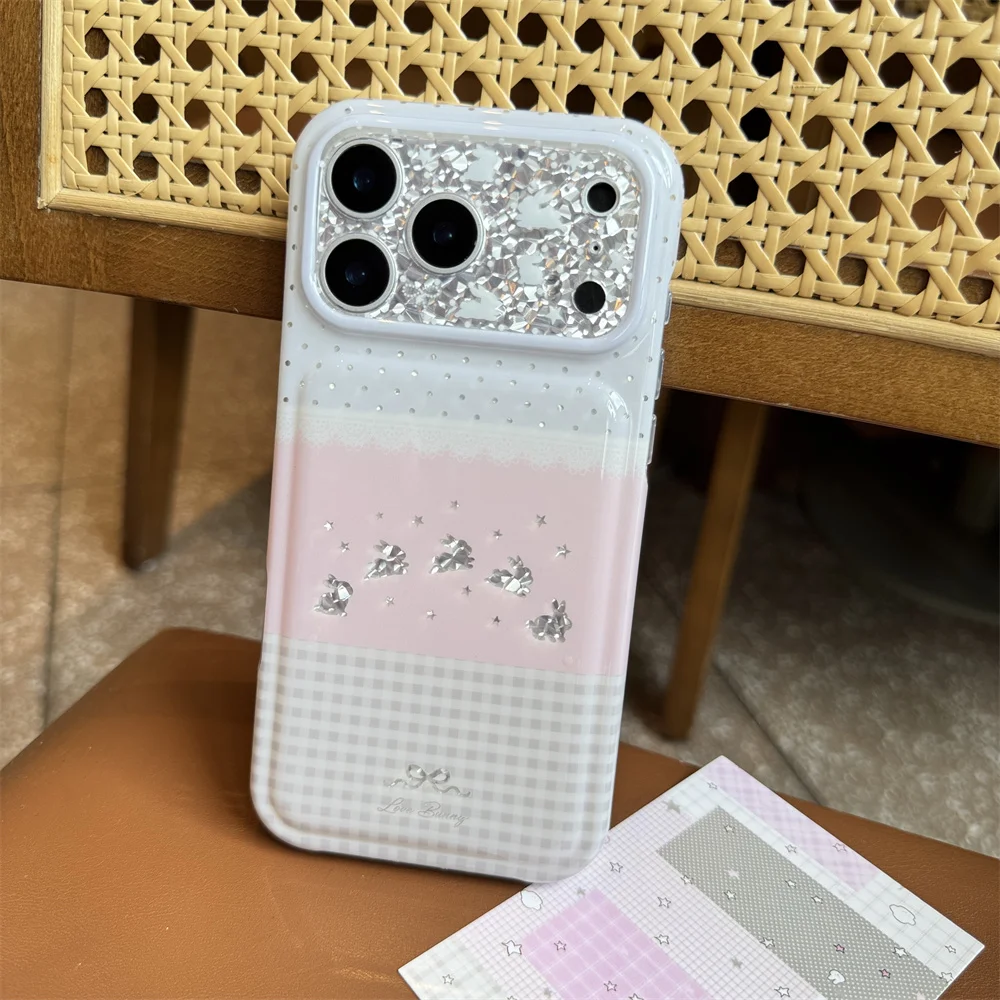 Kawaii Plaid Splicing Silver Star Case For iPhone 15 16 17 18 Pro Max Pastel Color Glossy Hard Shell Shockproof Anti‑Drop Cover