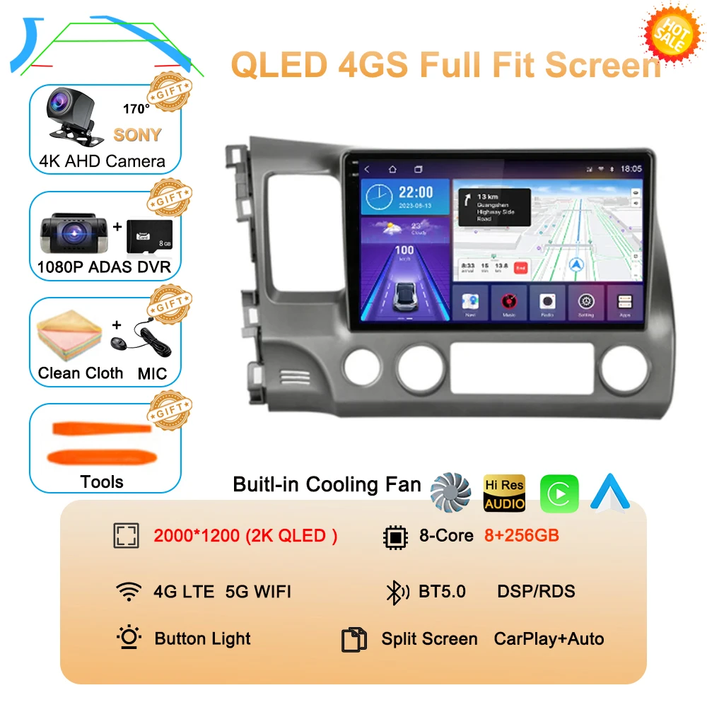 Android 16 autoradio voor Honda Civic 8e generatie (2005-2011) multimedia draadloze CarPlay Android Auto