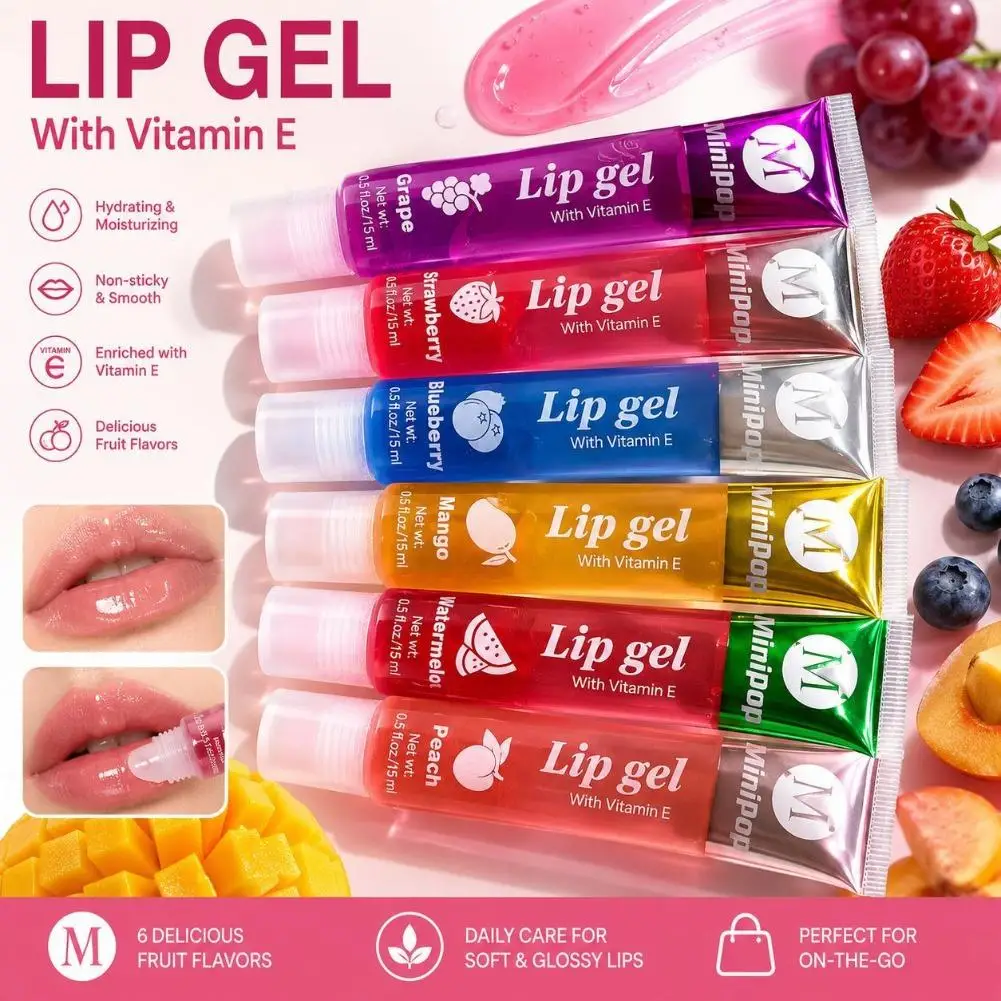 6pcs Original Moisturizing Fruity Lip Gloss Set Transparent Texture Lip Oil Peach Grape Glossy Shiny Nourishing Mirror Lip Glaze