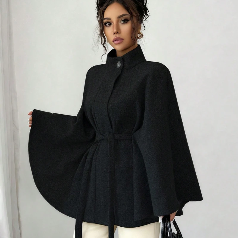 Women's Belted Wool Cape Coat High Neck Stand Collar Batwing Sleeve Loose Fit Winter Warm Poncho Outerwear 2026