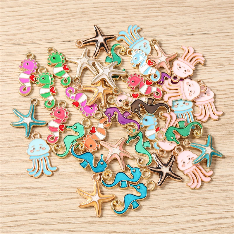 10 Stück Niedliche Meereslebewesen-Anhänger aus Emaille: Seepferdchen, Oktopus, Seestern für Schmuckherstellung, DIY-Ohrringe, Halsketten und Geschenke – Detail 4