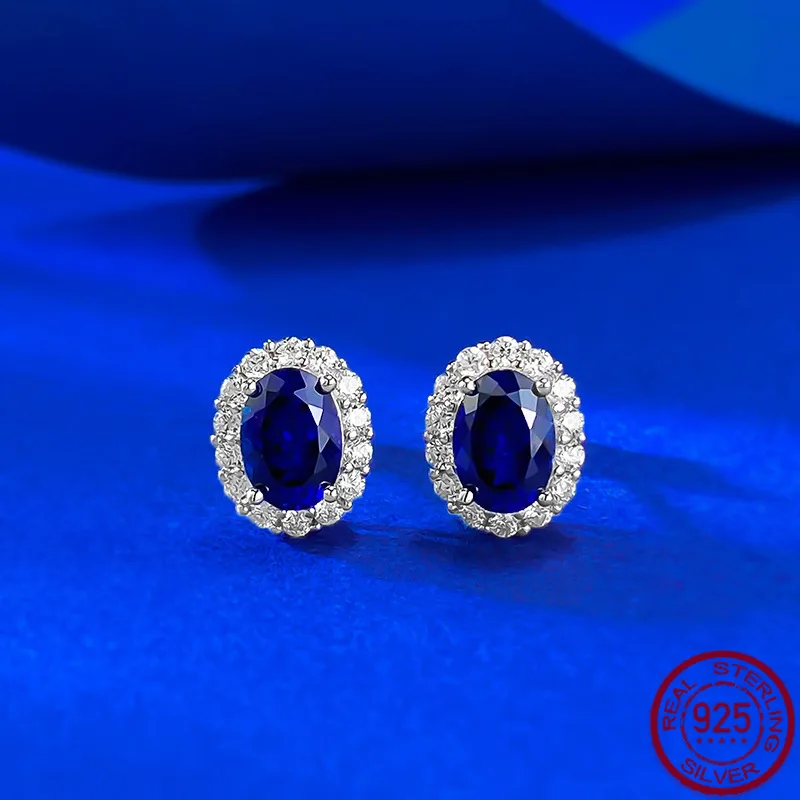 

New S925 Silver 5 * 7mm Oval Royal Blue Cultivated Earrings with Halo Setting, Exquisite and High-end Wedding Jewelry