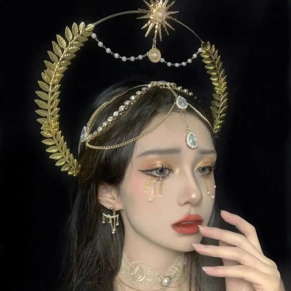 Gold Plated Halo Crown Vintage Wheat Ear Leaf Sun Goddess Crown Spike Design Faux Pearl Inlaid Tiara Headpiece Theme Party