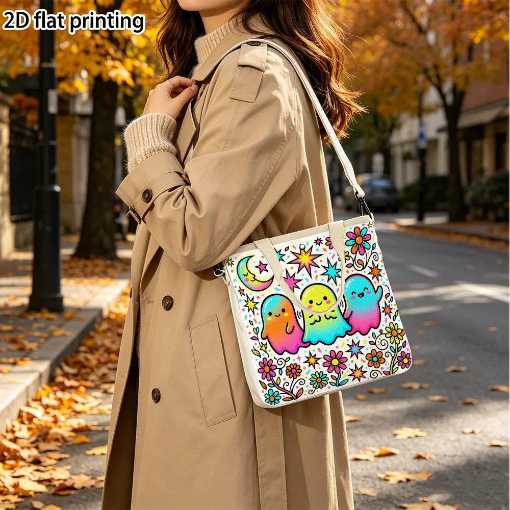 Three smiling ghosts Double-Sided Print Canvas Tote Shoulder Bag Detachable Crossbody Strap Handbag for School Work