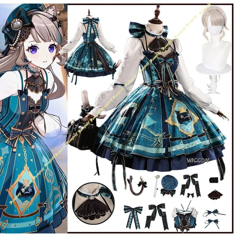 

Genshin Impact Lynette, игровые костюмы для косплея, костюм с париком для девочек, платье Лолиты, юбка, милые зеленые аксессуары, сцена, Рождество, Хэллоуин