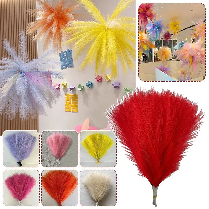 

10pcs Simulated Colorful Reeds Feathers Landscaping Fake Plant Artificial Dried Flower Reed Home Wedding Party Decor Supplies