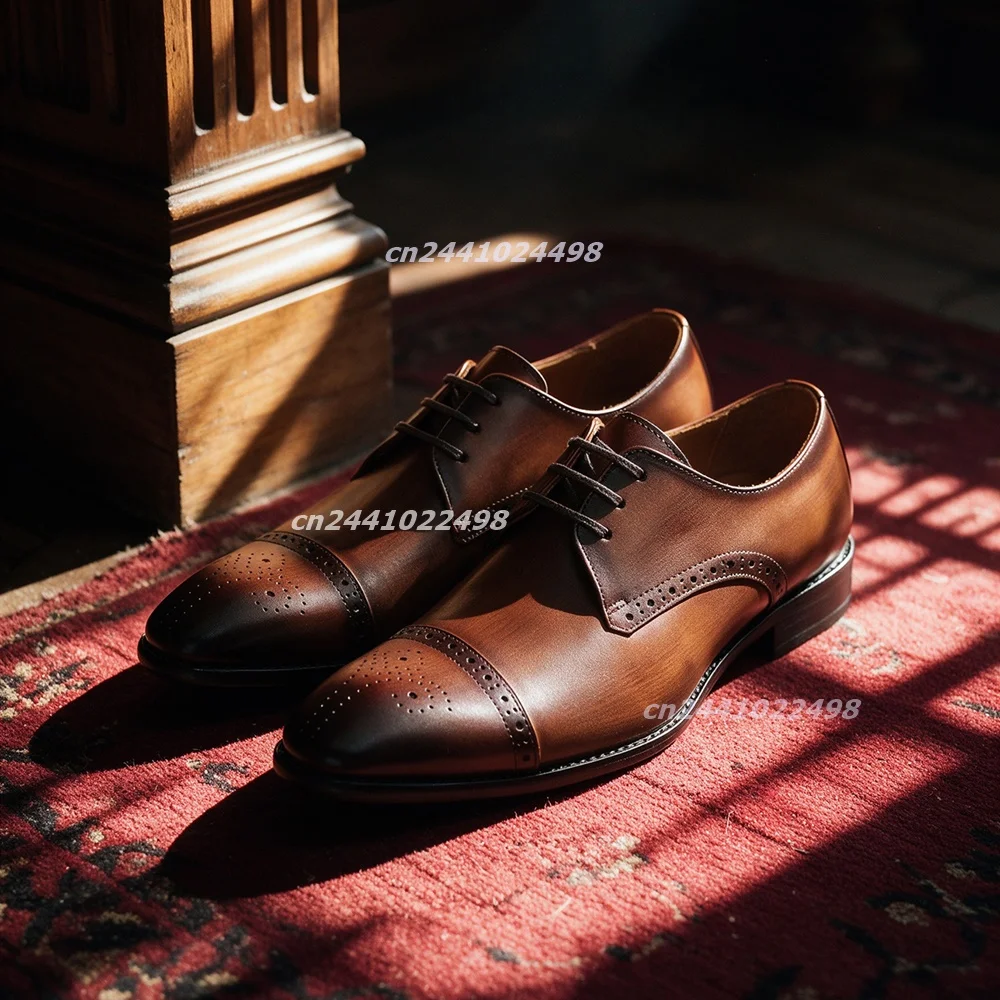 Vintage Cap Toe Perforated Brogue Men Formal Shoes Brown Matte Leather Lace Up Lofers Dress Shoe Classic Gentleman Formal Oxford