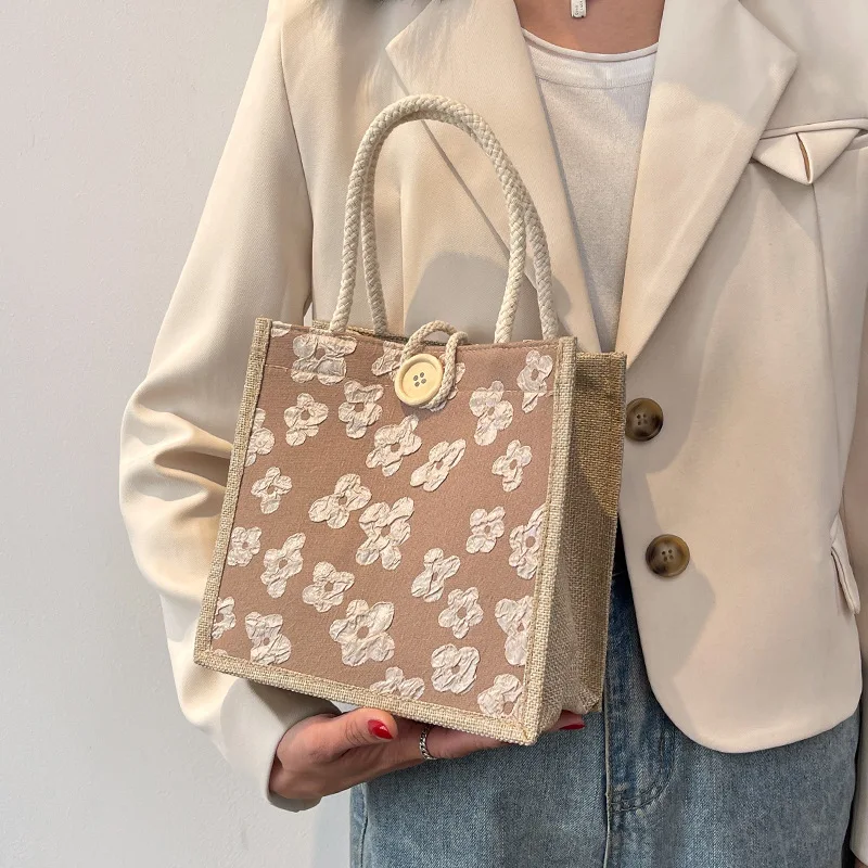 Linen Handheld Bento Bag Women's New Casual Going Out Mommy Bag Japanese Linen Student Hand Carry Lunch Box Bag
