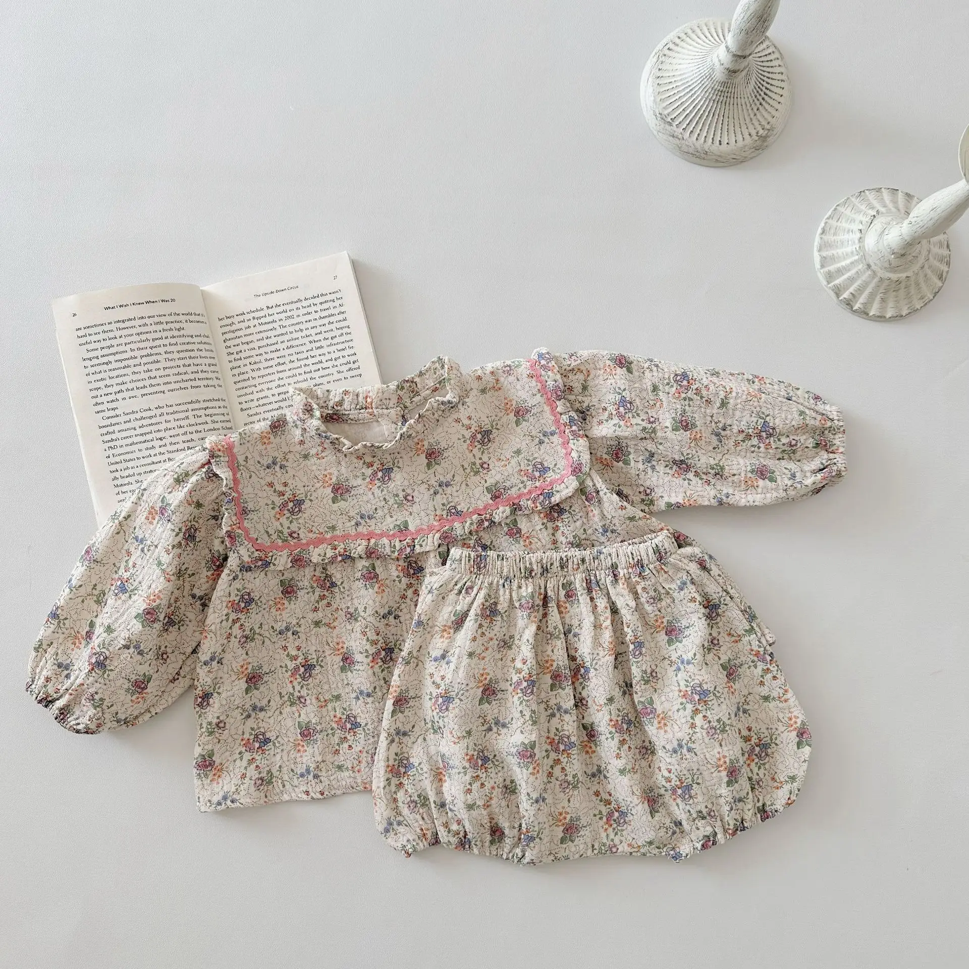 Baby Clothing Set Spring and Autumn Multicolored Collar Long Sleeve Blouse Shorts Flower Casual Two-piece Baby Girl Suit