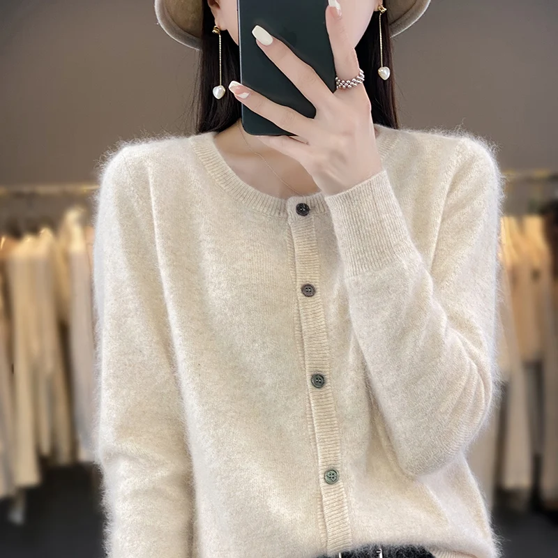 100% Mink Cashmere Women\'s Cardigan Women\'s O Neck Sweater Autumn/Winter New Thick Knit Cardigan Sweater Women\'s Jacket DBE021