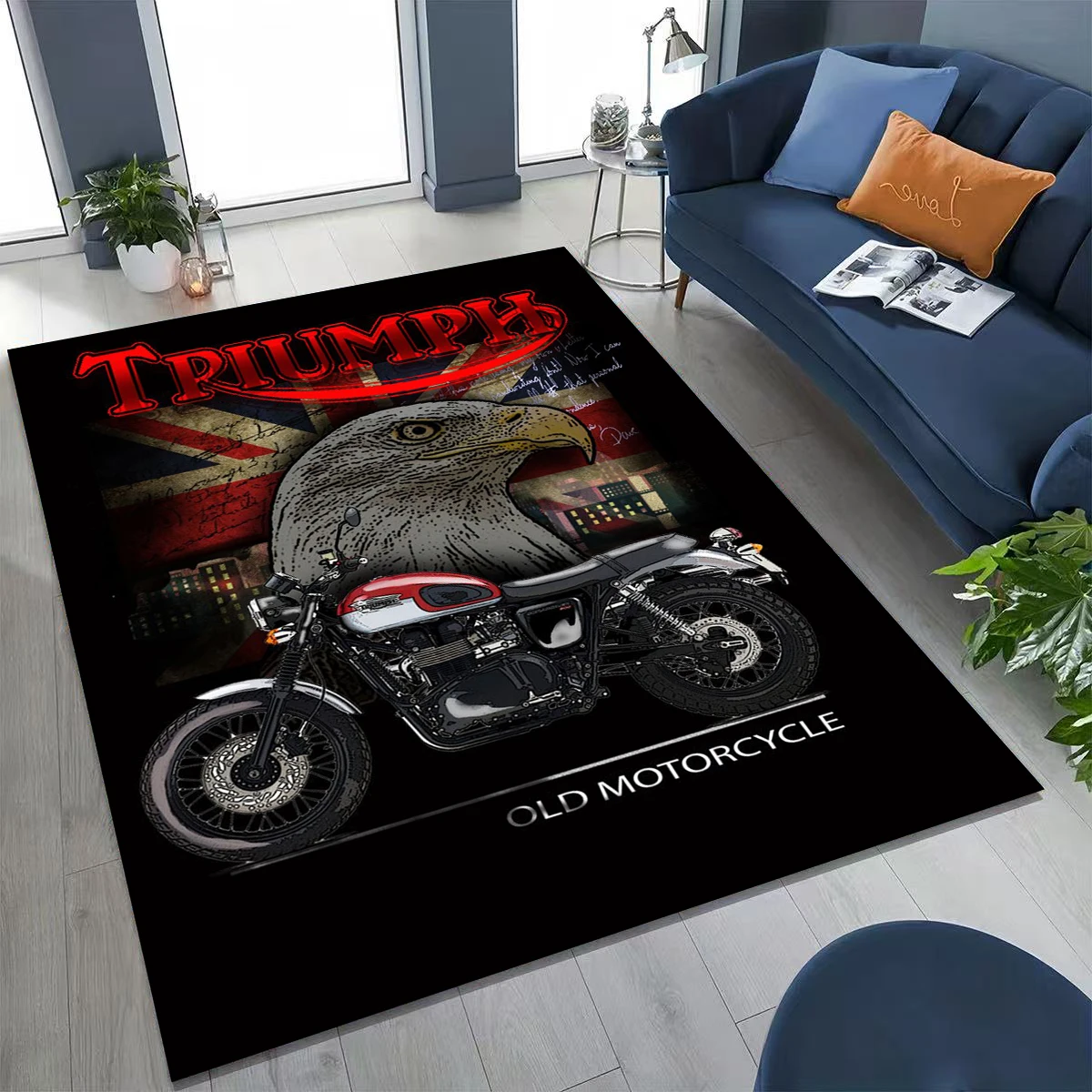 3D Vintage Racing Car T-Triumph Moto Carpet Rug for Bedroom Living Room Sofa Home Doormat Decor, Large Non-slip Floor Mat Gift