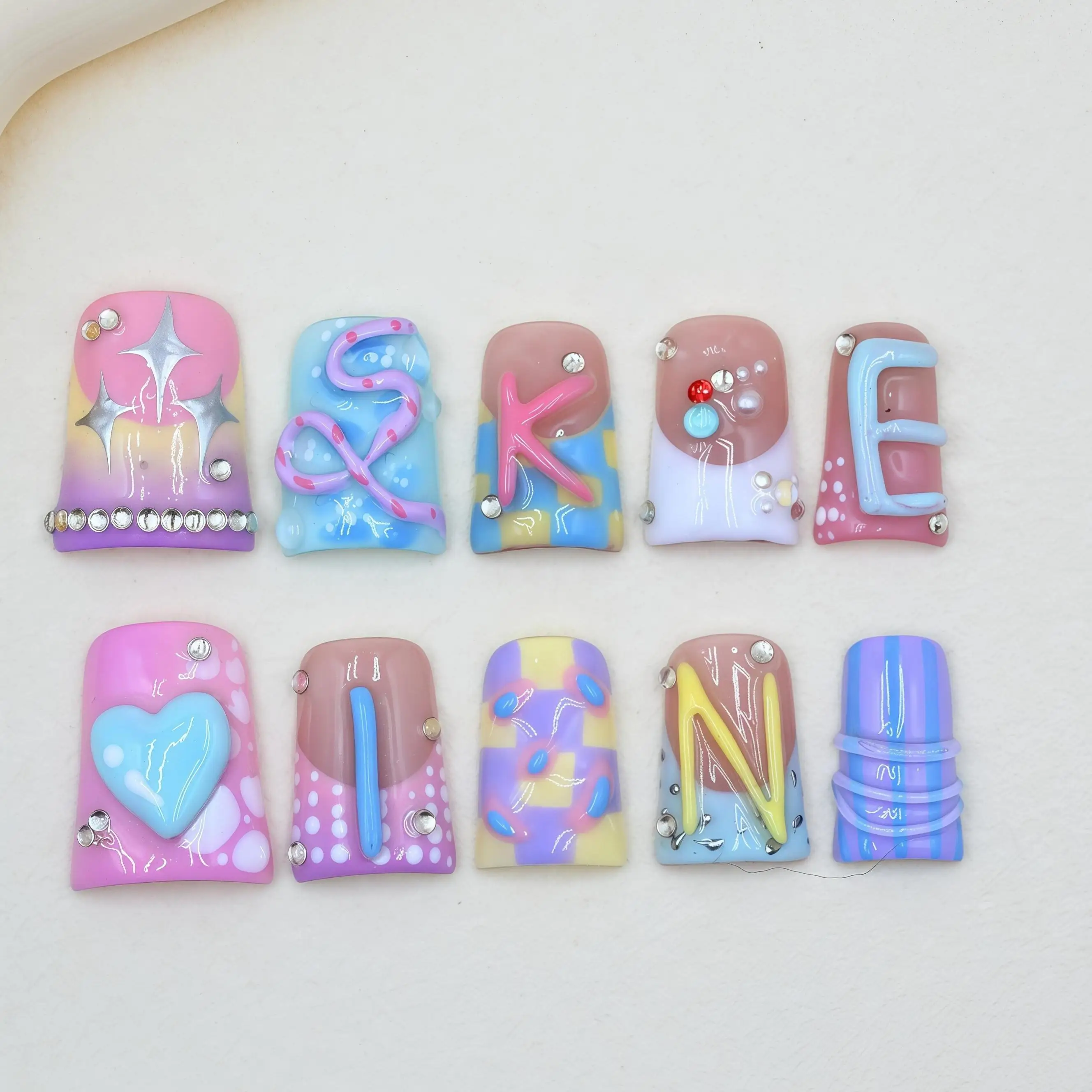 

Handmade Short Duckbill Press On Nails, Pastel Mix With Colorful Lettering, Heart & Rhinestone Accents, Perfect For Brunch & Y2K