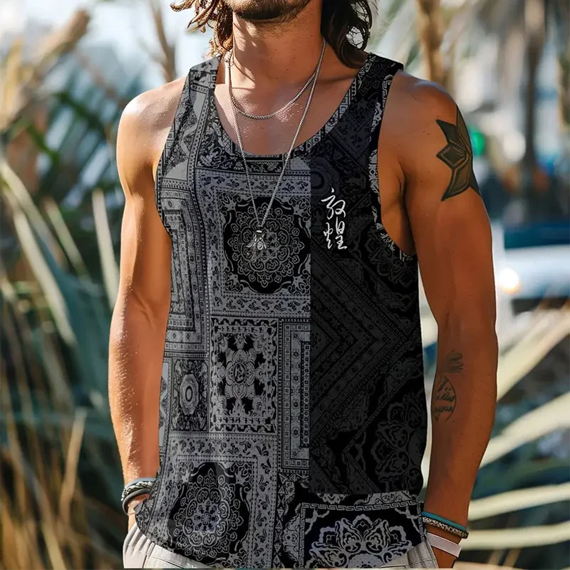 Retro Paisley Pattern 3D Print Tank Tops Summer Men's Street Oversized Fitness Gym Vest Beach Casual Sleeveless Top Man Clothing