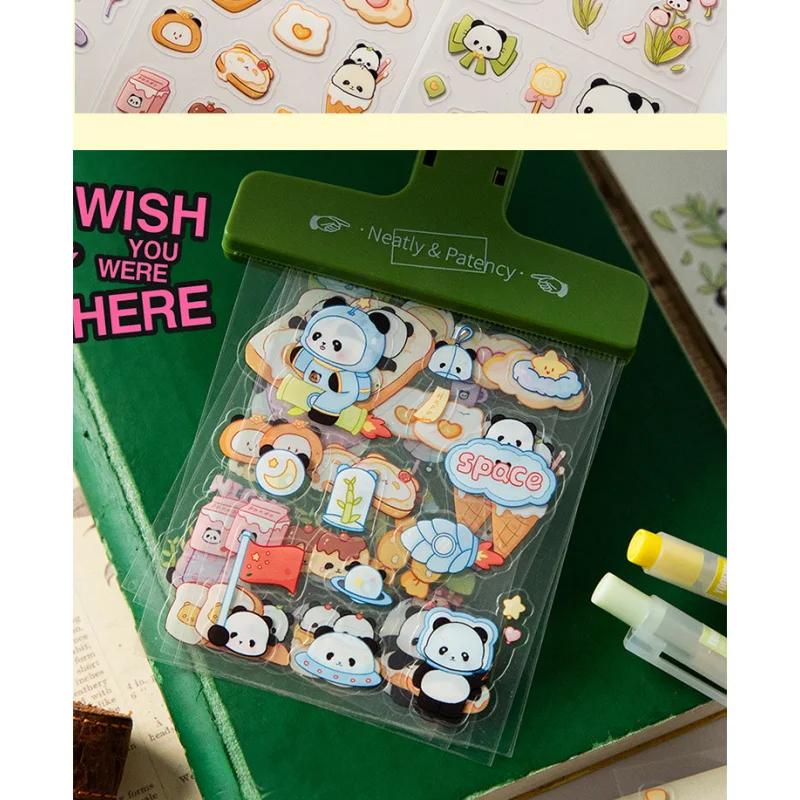 8Pcs Cute Handmade Panda Pattern Cartoon Stickers for Kids Fun Self-Adhesive Planner Stickers Waterproof Panda Stickers