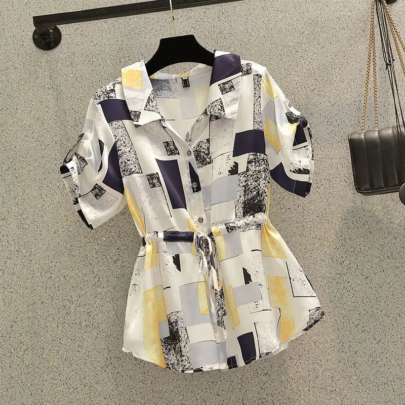 

Fashion V-Neck Spliced Shirring Lace Up Bow Printed Shirt Women's Clothing 2024 Summer New Oversized Casual Tops Commuter Blouse