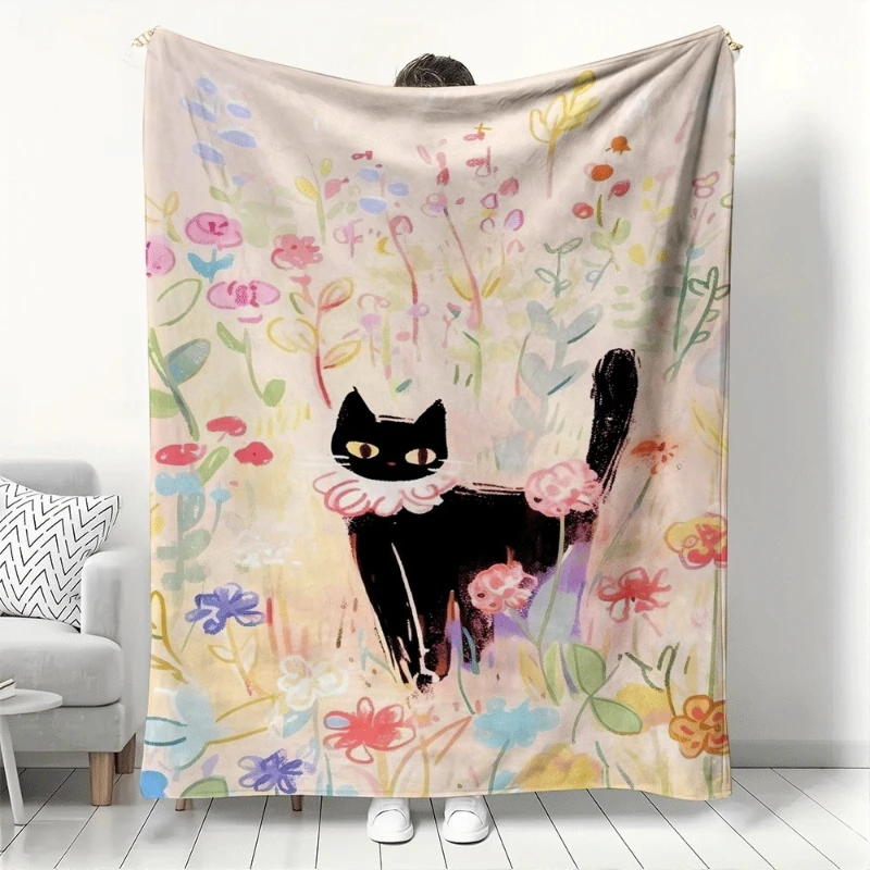 Cute Black Cat&Watercolor Floral Pattern Flannel printed blanket suitable for all seasons for living room office sofa and travel