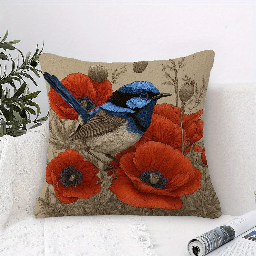 Double Sided Superb Fairy Wren Bird and Red Poppy Flowers Decorative Throw Pillow Case Nature Art Cushion Cover for Home Sofa