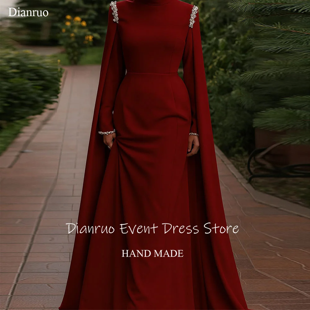 

Dianruo Burgundy Cape Sleeves Evening Dresses Satin Long Sparkling Prom Gowns Pleated Elegant Muslim Saudi Arabric Customized