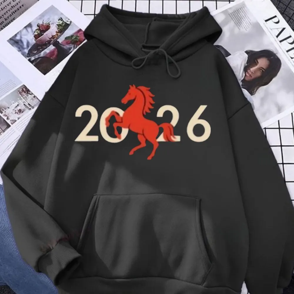 

Год лошади 2026, женская толстовка с капюшоном, зимняя теплая толстовка, лунный Новый год, одежда унисекс, модная уличная одежда с принтом, одежда Y2k