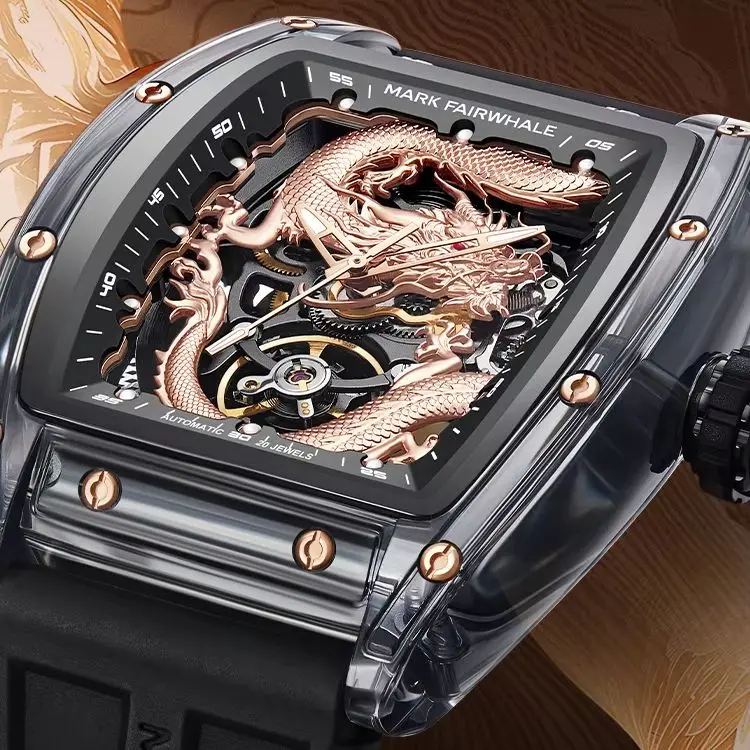 

Мужские автоматические часы Mark Fairwhale 46 мм, механические наручные часы в корпусе Tonneau, акриловый корпус, светящийся циферблат с изображением дракона