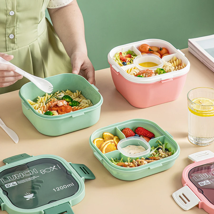 Double Stackable Lunch Box, 50 oz. Large Salad Bowl, 4 Compartment Tray, 3 oz. Sauce Container, Built-In Reusable Fork & Spoon