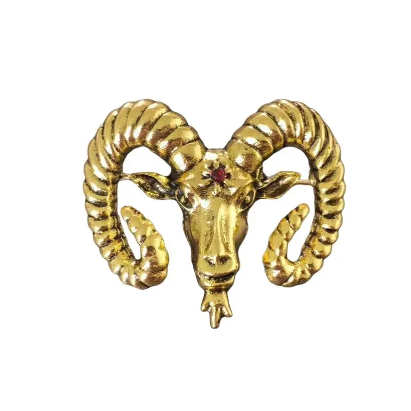 1Pcs Vintage Aries Ram Head Brooch Gold Silver Tone Shiny Red Zircon Inlay For Office Daily Wear Gifting Accessory
