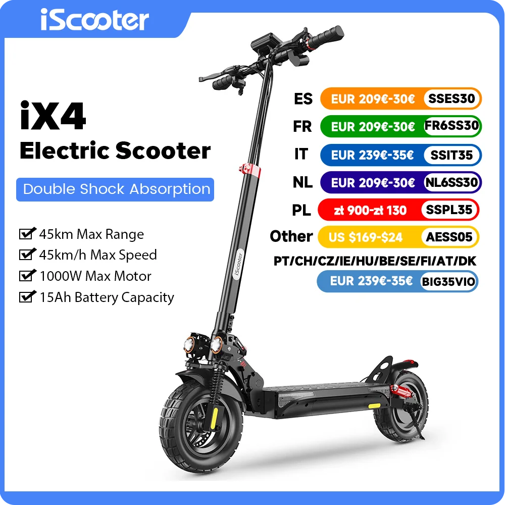 Trottinette électrique iScooter iX4, moteur 1000W, 48V 15Ah, autonomie 40-45km, vitesse 45km/h, frein à disque double, pliable, tout-terrain, avec application.