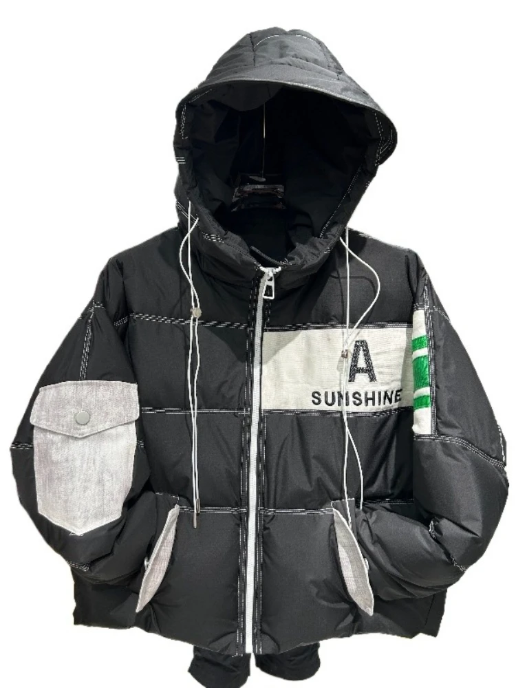 Kurze Daunenjacke für Damen, 2025, Winter, neue Denim-Nähte, modisch, verdickt, warm, weiße Ente, Puffer-Mantel, Kapuzen-Parkas, Oberbekleidung