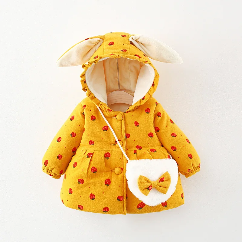 Winter New Girls\' Thick Cotton Coat Hooded Strawberry Printed Rabbit Ear Jacket with Bag Included