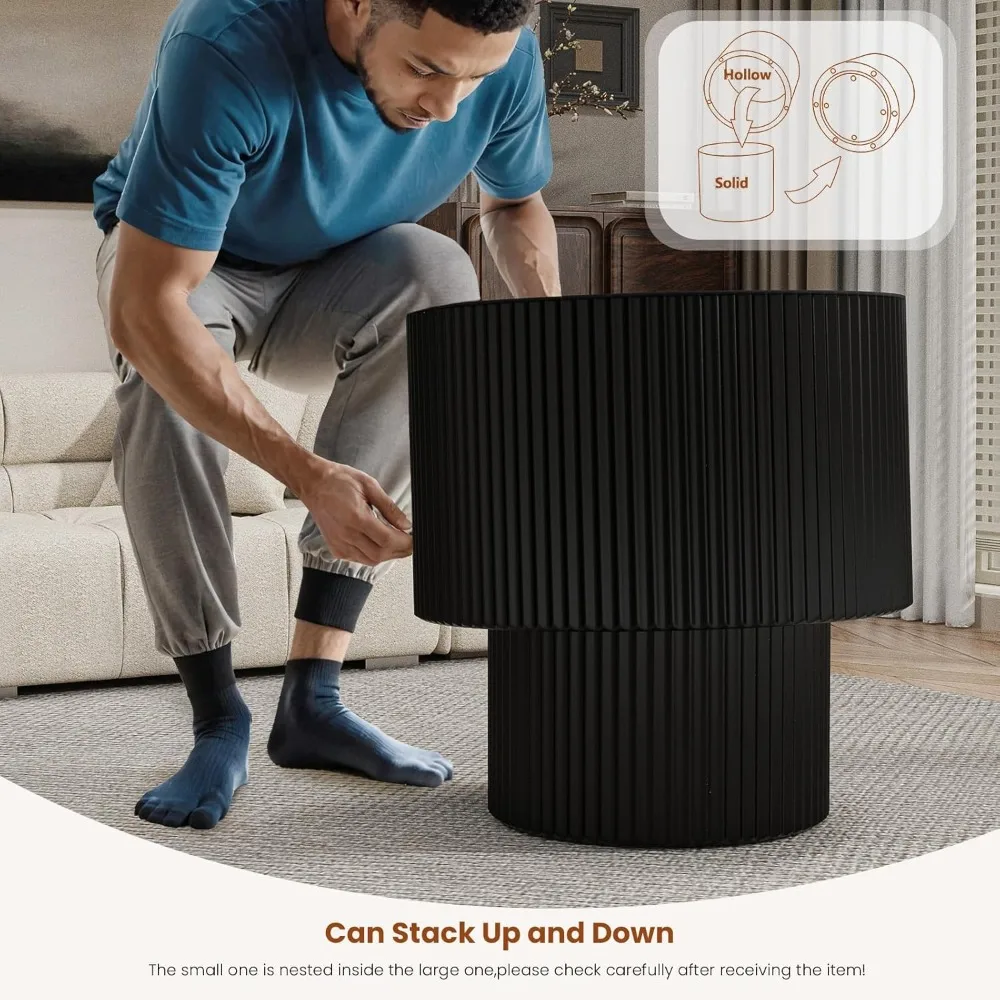 Modern Nesting Coffee Table Set - 2 Piece Circle Wood Table Collection, Handcrafted Drum Style Tables for Living Room