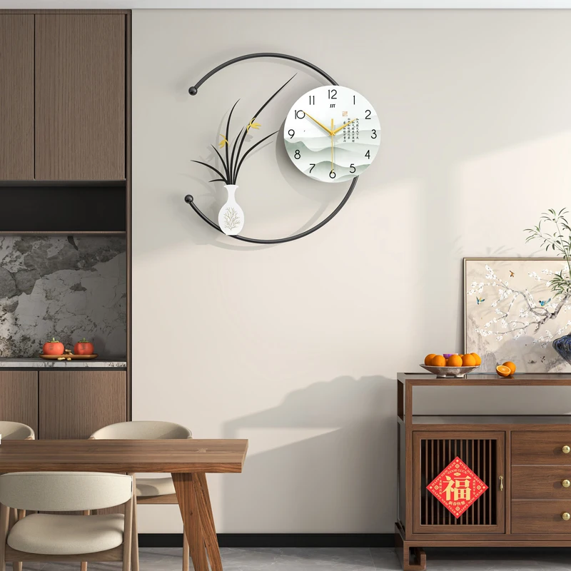 New Chinese Style Flower Wall Clock with  Vase Artistic Creative Round Living Room Bedroom Wall Decorations Clock