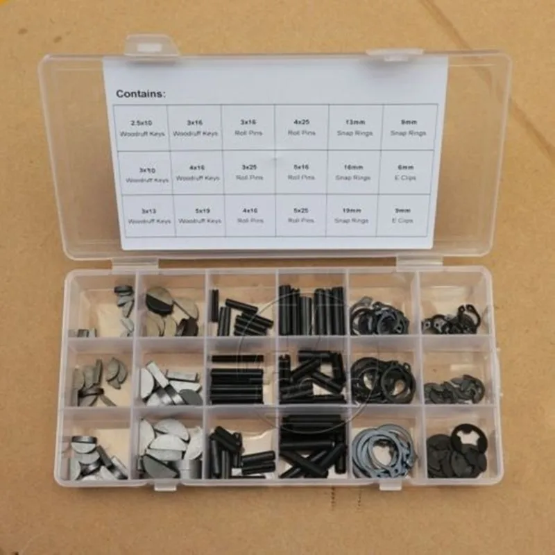【180Pcs/Box】 18 kinds Woodruff Keys Snap Ring Roll Pin E-Clip Assortment Kit Mechanical Hardware Steel for Repair