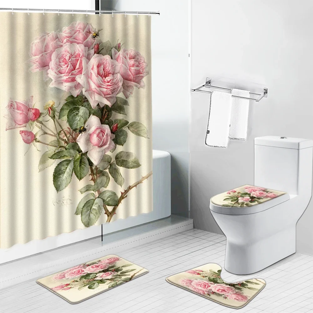 Pink Flower Plant Shower Curtains Cactus Lavender Floral Scenery for Bathroom Curtain Non-Slip Bath Mat Toilet Cover Set Carpet