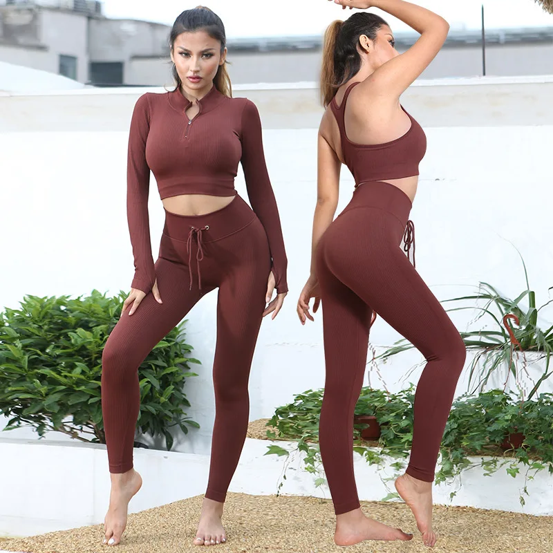 Seamless Women Yoga Set Workout Sportswear abbigliamento da palestra Zipper manica lunga Leggings a vita alta reggiseno Fitness tute sportive