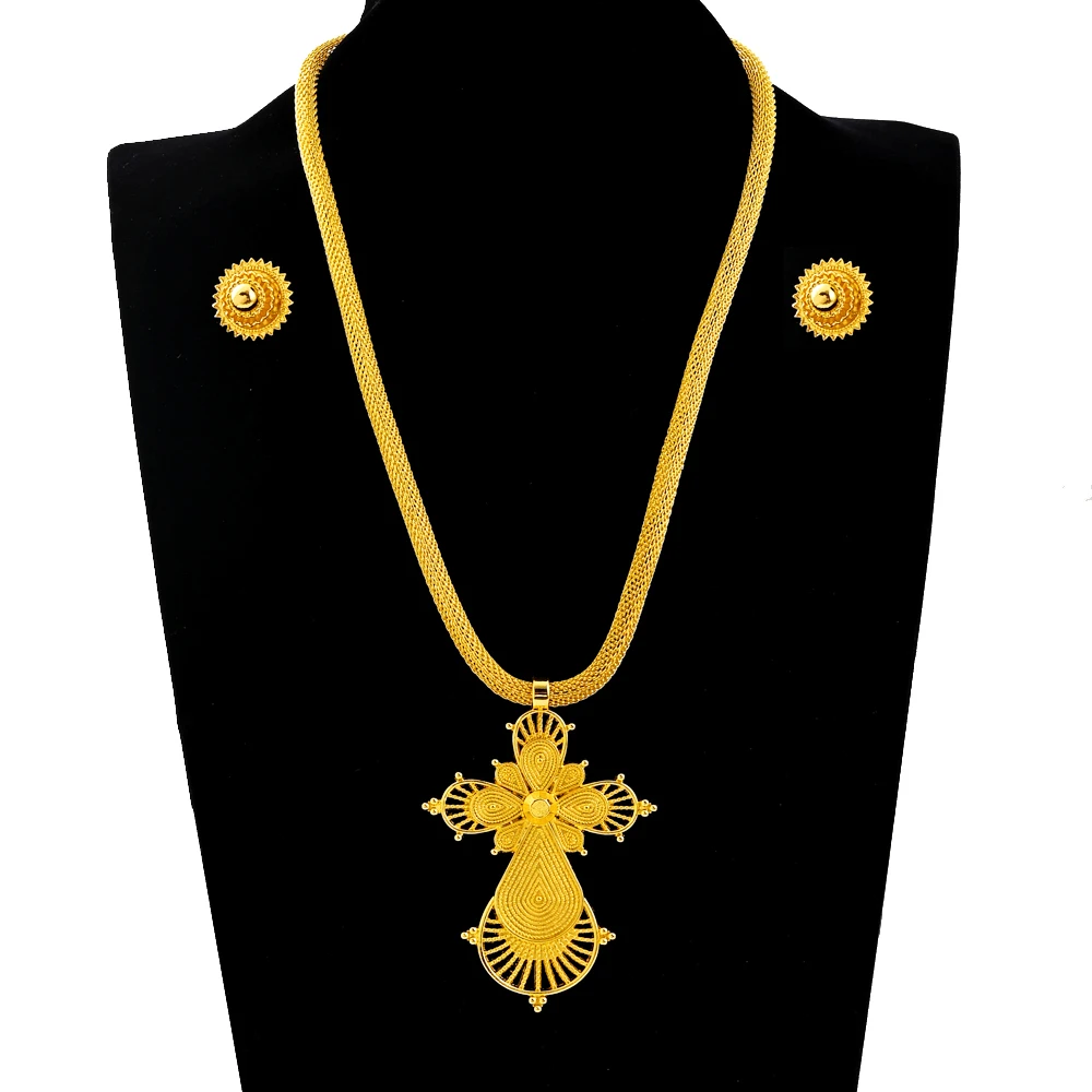 Big Cross Pendant and 2cm Earrings Women Choker Ethiopian Jewelry Sets Eritrean African Habesha