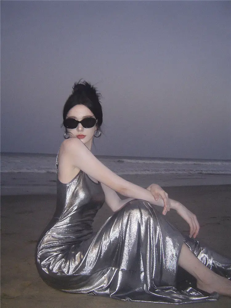 

American Spicy Girl Sexy Liquid Metal Silver Sling Dress Summer New Fashion Internet Red Long Dress