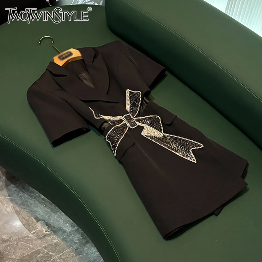 

TWOTWINSTYLE Solid Elegant Dresses For Women Lapel Short Sleeve High Waist Spliced Diamond Temperament Dress Female KDR502850